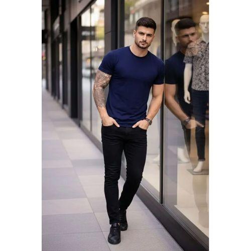 Erkek T-Shirt Bisiklet Yaka Slim Fit Dar Kesim Likralı Tişört Günlük Basic Body - Lacivert
