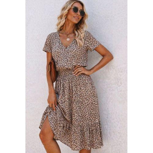 Kadın Kısa Kollu V Yakalı Beli Lastikli Midi Süprem Elbise