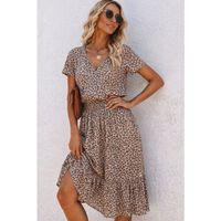 Kadın Kısa Kollu V Yakalı Beli Lastikli Midi Süprem Elbise