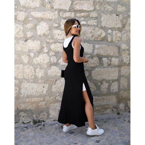 Kadın Askılı Yuvarlak Yakalı Cepli Yırtmaç Detaylı Viskon Elbise Ve Atlet Ikili Takım