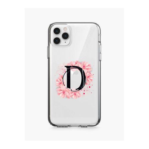 iPhone 11 Pro Pembe Çiçek Desen D Harfli Şeffaf Kılıf