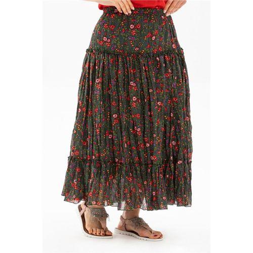 Buse Vual Uzun Yazlık Etek Tomurcuk Desen Yeşil 6170