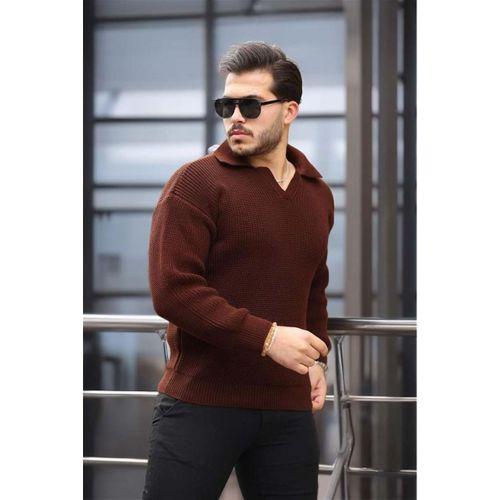 Oversize Gömlek Polo Yaka Selanik Örgülü Erkek Triko Kazak - Kahve