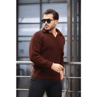 Oversize Gömlek Polo Yaka Selanik Örgülü Erkek Triko Kazak - Kahve