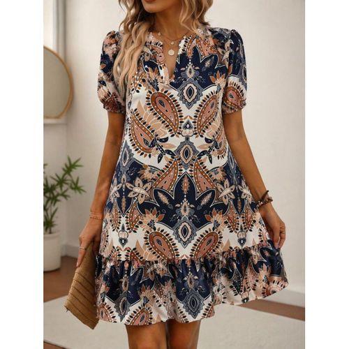 Kadın Kısa Kollu V Yakalı Desenli Kısa Süprem Elbise