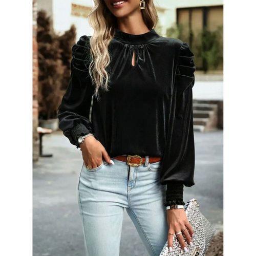 Kadın Uzun Kollu Balıkçı Yaka Damla Detaylı Kadife Bluz