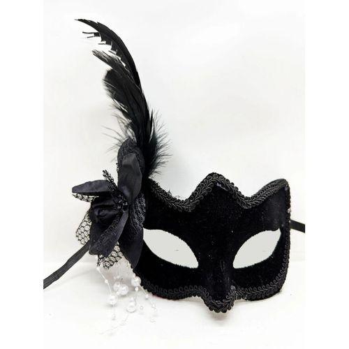 Siyah Süet Yandan Tüylü İncili Parti Maskesi