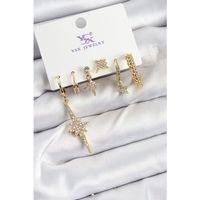 Pirinç Zİrkon Taşlı Kutup Yıldızı Model Gold Renk 3'lü Çift Kadın Küpe
