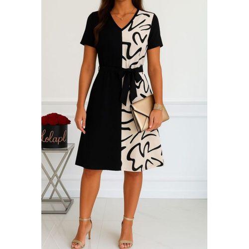 Kadın Kısa Kollu V Yakalı çift Renkli Desenli Beli Kuşaklı Atlas Elbise