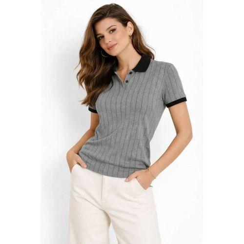 Polo Yaka Çizgili Tişört Kısa Kol Düğmeli Yazlık T-Shirt - Gri