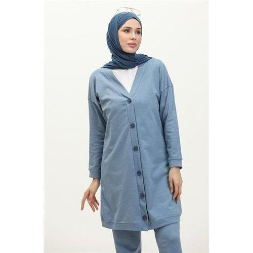 Düğmeli V Yakalı Sade Basic Eşofman Spor İkili Takım - 03051.004 - Mavi