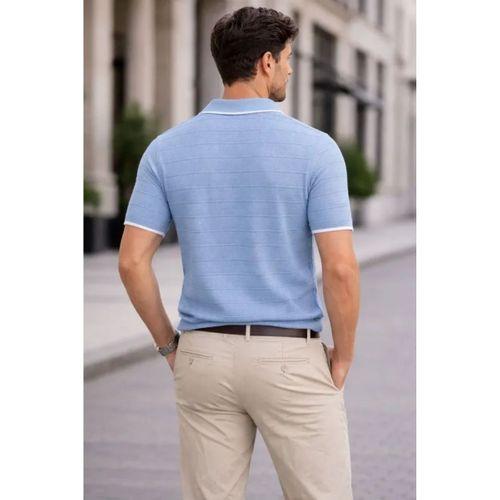 Erkek Triko Kumaş Yakalı Düğmesiz Açık Yaka Fitilli Kısa Kollu Regular Fit Tişört T-shirt - Bebek Mavisi