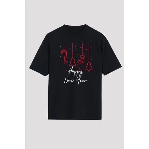 Yılbaşı Happy New Year Baskılı Kısa Kollu Oversize Bisiklet Yaka T-shirt - Siyah