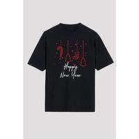 Yılbaşı Happy New Year Baskılı Kısa Kollu Oversize Bisiklet Yaka T-shirt - Siyah