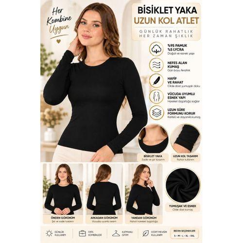 Kadın Bisiklet Yaka Uzun Kol Atlet Siyah, Esnek Kumaş, Vücuda Oturan Basic Body - ryl - 2613