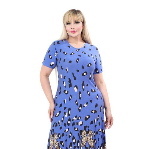 Melsay Butik Mavi Kısa Kollu A Kesim Eteği Sulu Leopar Desen Midi Elbise