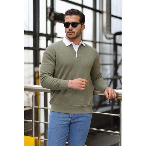 Polo Yaka Selanik Örme Kumaş Erkek Sweatshirt - Açık Haki