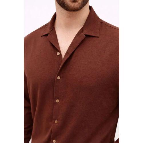 Erkek Aerobin Kumaş Oversize 4 Mevsim Uzun Kollu Rahat Kalıp Gömlek - Kahverengi