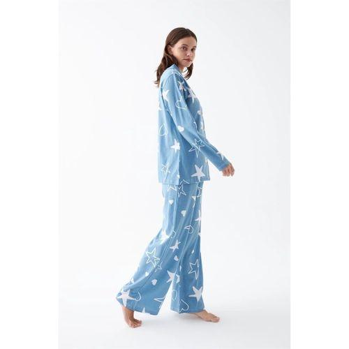 Kadın Mavi Yıldız Desenli Düğmeli Pamuklu Pijama Takımı