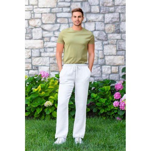 Beli Lastikli Multi Çift Cepli Müslin Kadın/Erkek Unisex Yazlık Pantolon Beyaz Byz