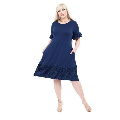 Melsay Butik Kolları Taş Baskılı Fırfırlı Kısa Kollu Lacivert Kadın Midi Elbise