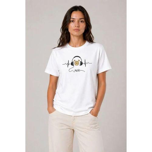 Müzik Temalı Baskılı Tişört Bisiklet Yaka Kısa Kol T-Shirt - Beyaz