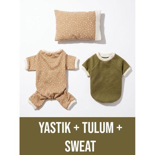 Latte & Matcha Kedi Rüyası | Pamuklu Kedi Tulumu, Polar Sweatshirt ve Mini Yastık | 3 Parça
