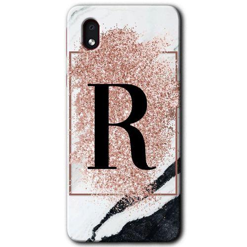 Samsung Galaxy A01 Core Kılıf Baskılı Kapak - Pembe Mermer Desenli R Harfi + 5D Tam Kaplayan Cam
