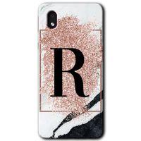 Samsung Galaxy A01 Core Kılıf Baskılı Kapak - Pembe Mermer Desenli R Harfi + 5D Tam Kaplayan Cam