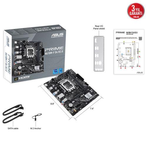 ASUS PRIME H610M-F D4 R2.0, 2xDDR4, M.2, HDMI, 12-13.14.Nesil, LGA1700 Soket, Anakart