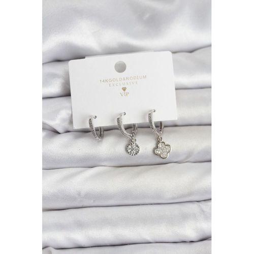 Pirinç Gümüş Renk Yonca Model 3'lü Kadın Küpe Seti