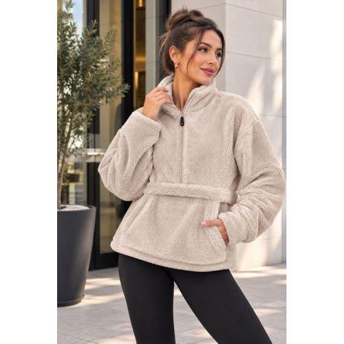 Kadın Yarım Fermuarlı Kanguru Cepli Peluş Wellsoft Sweatshirt