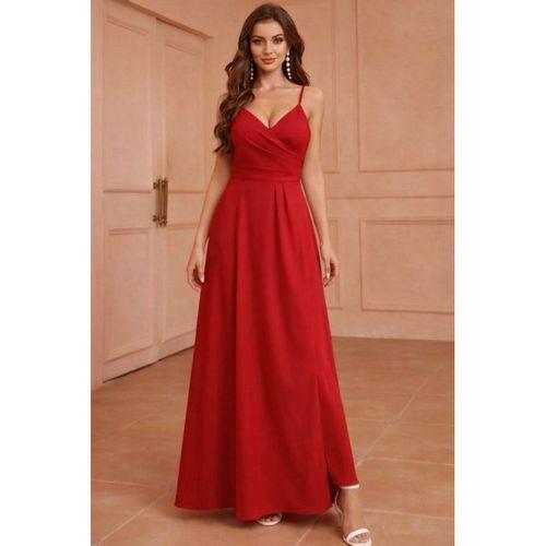 Kadın Ip Askılı Kruvaze Yakalı Yırtmaçlı Uzun Ithal Krep Elbise