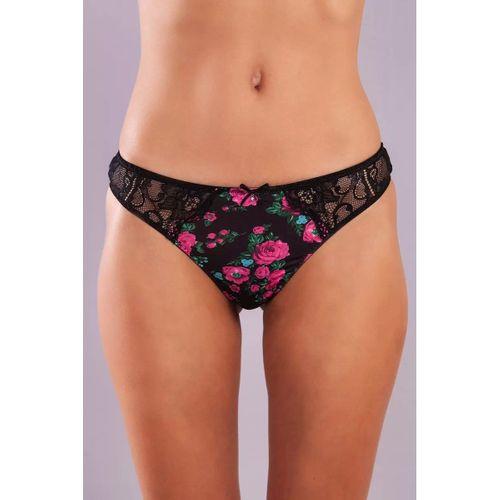 Golshan Gardenia Mini Sitring, Kadın Dantelli Çiçek Baskılı Siyah String Külot
