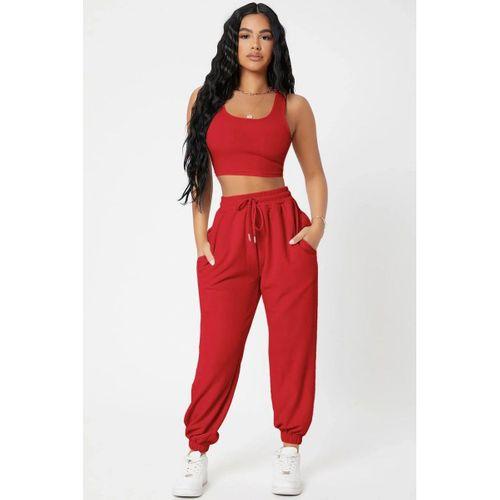 Kadın Kırmızı Premium Görünümlü Kaşkorse Cepli Jogger Eşofman Altı Ve Crop Top Bluz Takımı