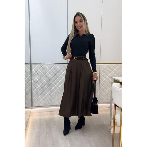 Kadın Yüksek Belli Maxi Deri Kemersiz Etek