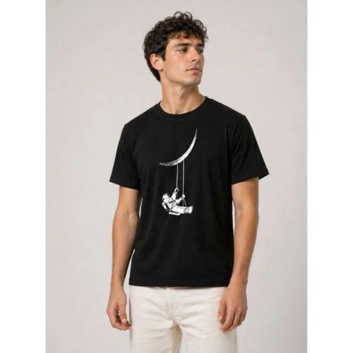 Erkek Astronot Ay Temalı Tişört Kısa Kol Yazlık Bisiklet Yaka T-Shirt - Siyah