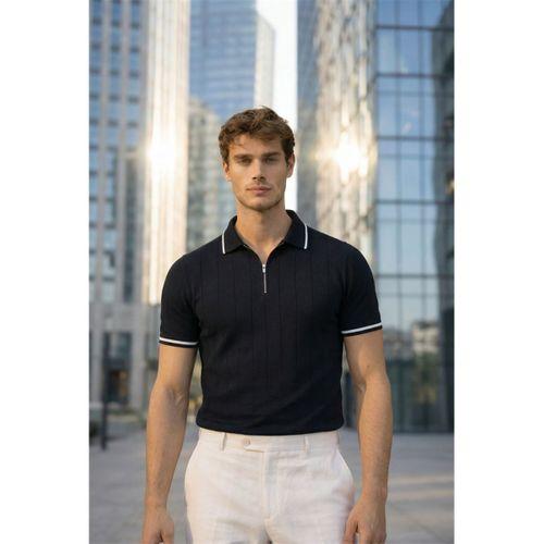 Jared Yakası Şeritli Dik Çizgili Yarım Fermuar İnce Triko Erkek T-Shirt - Siyah