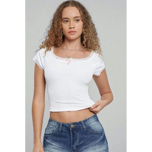 Kadın Beyaz Premium Dantel Detaylı Fiyonk Aksesuarlı Crop Top Bluz