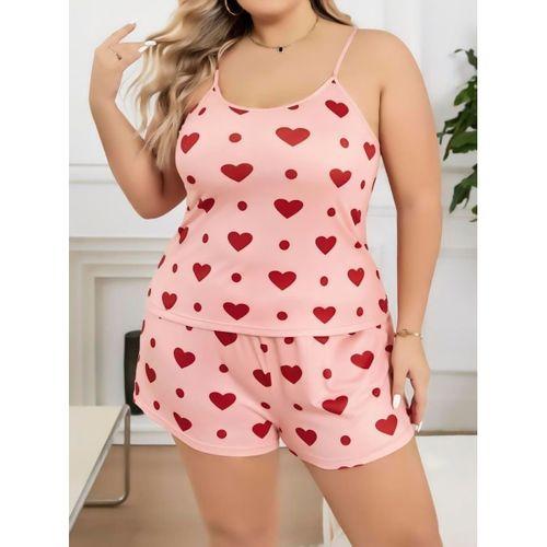 Büyük Beden Pembe Kalp Desen Pamuklu Şortlu Pijama Takımı