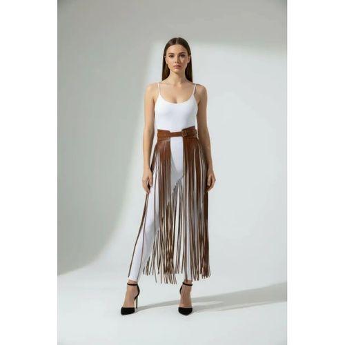 Kahverengi Etek Kalın Kemerli Uzun İp Detaylı Etek - Brf1003