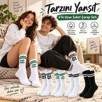 Unisex Çorap Çizgili 4'lü Set 07 Good Vibes Yazılı Siyah Beyaz Uzun Soket Spor Kolej Stil Rahat Şık