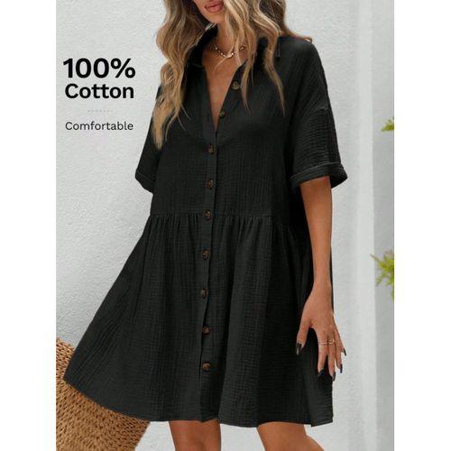 Kadın Kısa Kollu Yakalı önden Düğmeli Kısa Bürümcük Elbise