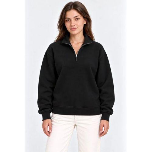 Üç İplik İçi Şardonlu Dik Yaka Yarım Fermuarlı Kışlık Sweatshirt - Siyah