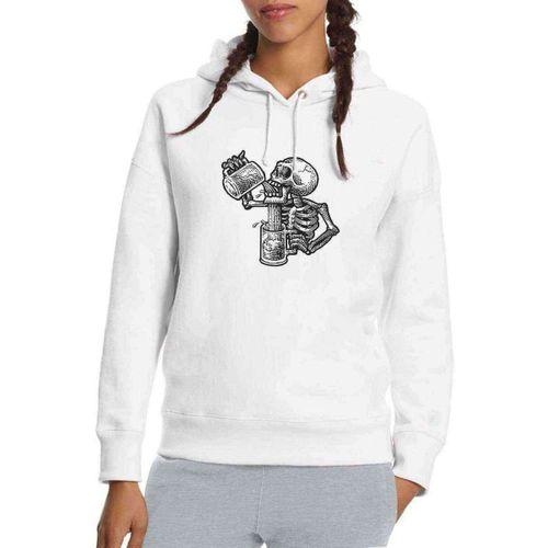 Beer Kuru Kafa Baskılı Beyaz Kadın Kapşonlu Sweatshirt