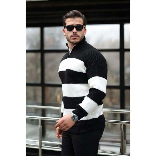 Oversize Çizgili Selanik Örgülü Yarım Fermuar Triko Erkek Kazak - Siyah