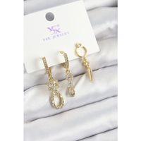 Pirinç Zİrkon Taşlı Sallantılı Model Gold Renk 3'lü Kadın Küpe