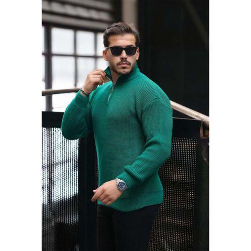 Nolan Oversize Selanik Örgü Yarım Fermuar Erkek Triko Kazak - Yeşil