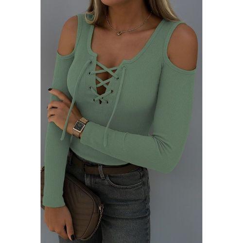 Kadın Omuzlardan Açık Uzun Kollu Bağcıklı Kaşkorse Bluz