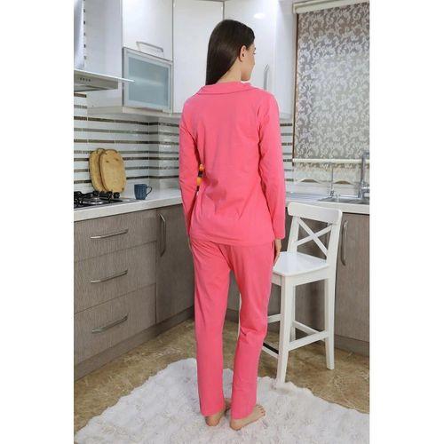 Kadın Pamuk Penye Önden Düğmeli Uzun Kol Pijama Takım Pembe
